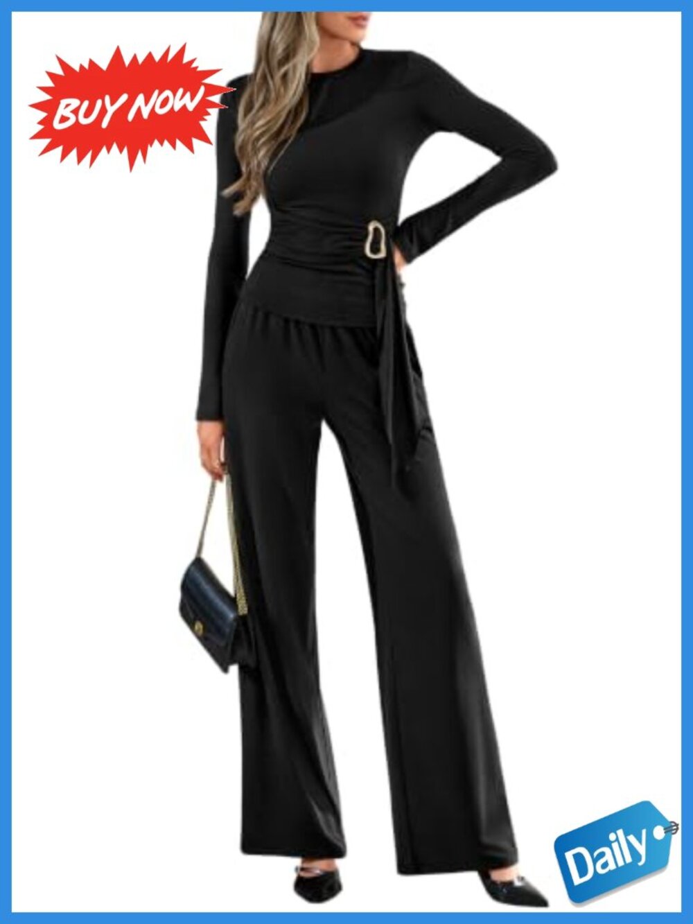 2 Piece Lounge Set Knit Belted Top Wide Leg Pants Casual Work Outfit